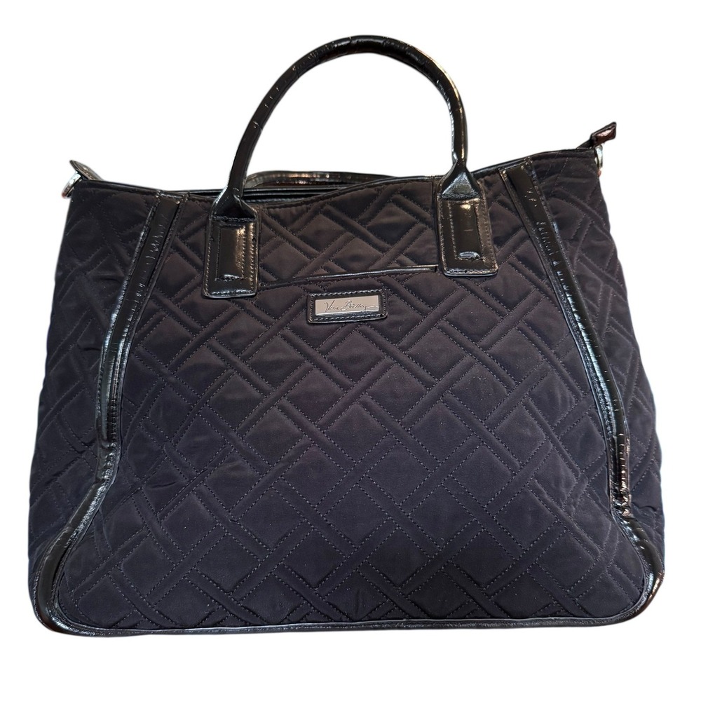 Vera Bradley Black Quilted Microfiber Tote Bag Patent‎ Trim Colorful Leaf Lining